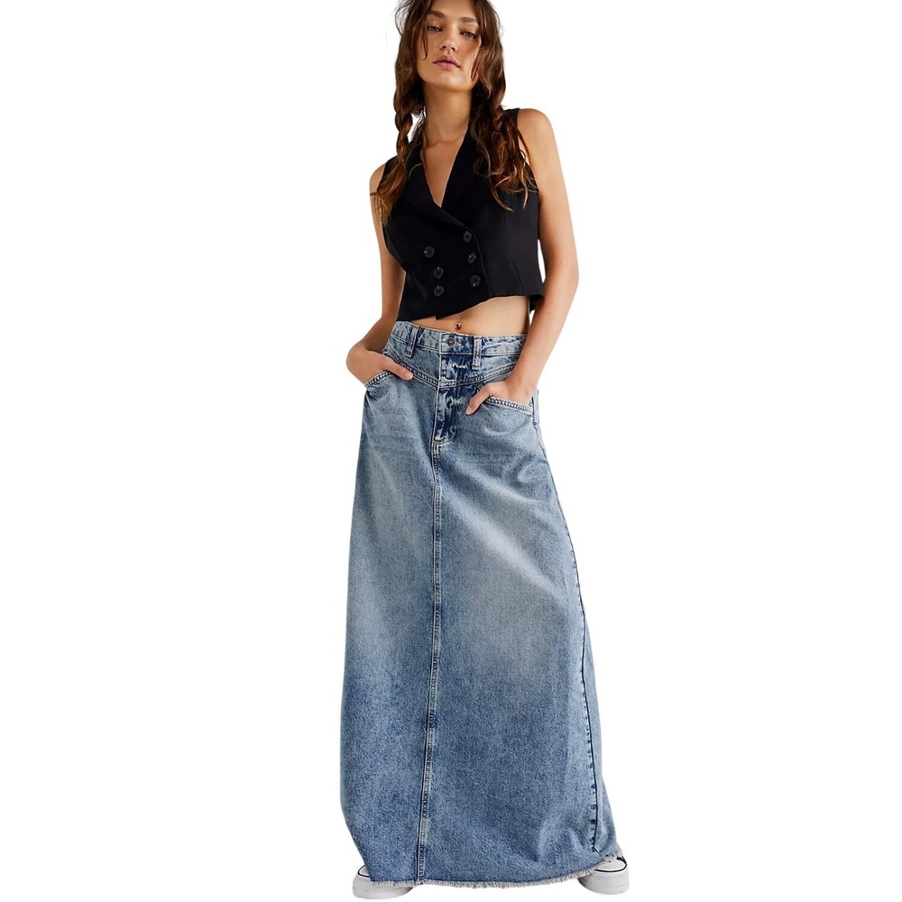 We The Free Denim Maxi Skirt 2 Blue Come As You Are Western Boho Jean Western